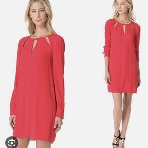 BCBG red berry EmmaLise mini dress with neckline cutouts and long sleeves